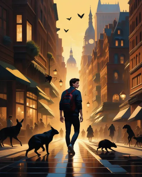 Mysterious, fantasy, illustration: Tom Holland traverses a city where shadows spring to life. He tames these dark forms with gentle gestures, turning them into playful companions that dance around him.