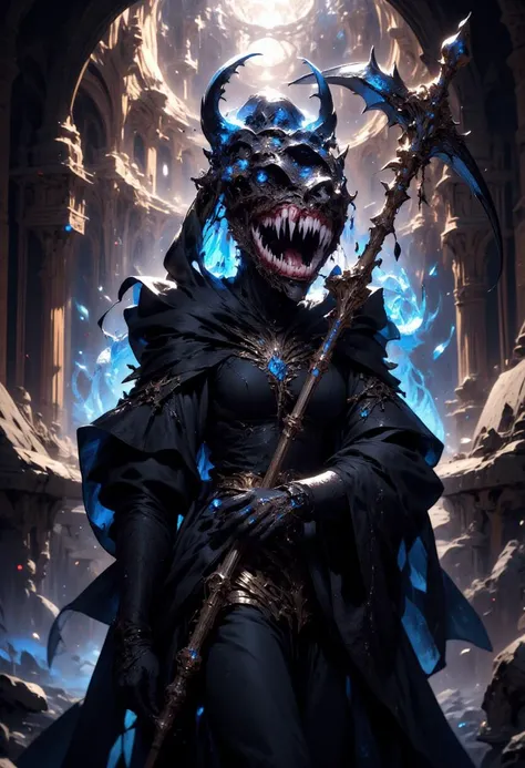 This image depicts a dark fantasy character with striking features. The character is a female figure dressed in a highly detailed gothic-style outfit. She is adorned in black lace and fabric, with intricate designs, ribbons, and jeweled accessories, giving her an elegant yet eerie appearance. Her outfit has a Victorian influence, with a tight bodice, puffed sleeves, and a long flowing skirt. The most notable and chilling feature of this character is her face: her mouth is wide and filled with sharp, monstrous teeth, forming a grotesque, unsettling smile. Her eyes glow with an unnatural blue light, adding to her menacing aura. She is holding a large, ornate scythe, further emphasizing her grim, possibly reaper-like role. The background depicts a haunting, decayed cathedral or gothic ruin, with grand arches, tall stained-glass windows, and broken stone steps. The entire scene has a somber, ethereal, and darkly fantastical atmosphere. The overall tone is one of haunting beauty mixed with terror.