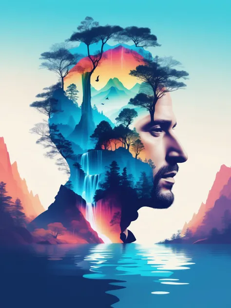 Abstract style waterfalls, wildlife inside the silhouette of a man's head that is a double exposure photograph . Non-representational, colors and shapes, expression of feelings, imaginative, highly detailed