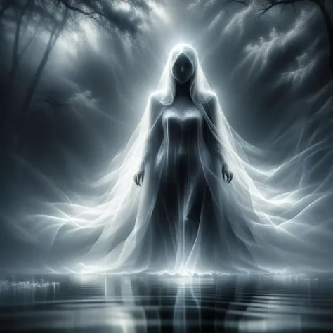 A painting of a tall and slender ghostly figure levitating over a quiet lake, dressed all in black with a long flowing veil cape covering her face. The light from behind is shining through the mist behind and casting a shadow onto water, in the style of Greg Rutkowski.