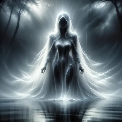 A painting of a tall and slender ghostly figure levitating over a quiet lake, raising arms,mouth open,dressed all in black with a long holed,ripped,flowing veil cape covering her face. The light from behind is shining through the mist behind and casting a shadow onto water, in the style of Greg Rutkowski.