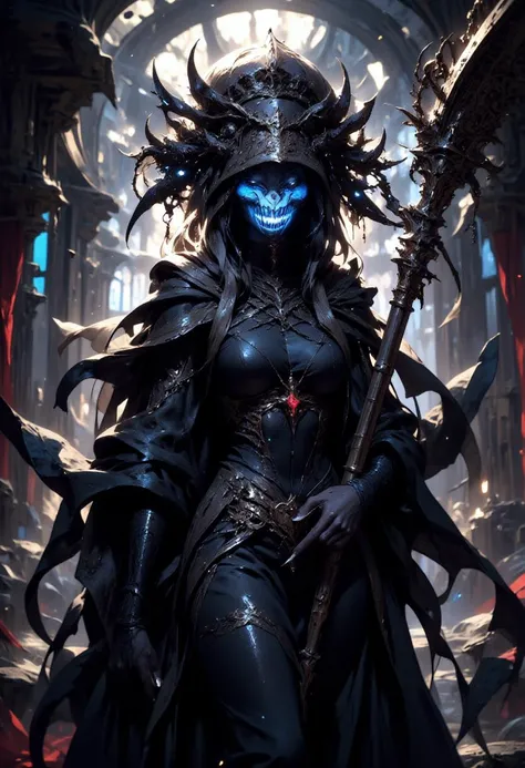 This image depicts a dark fantasy character with striking features. The character is a human female figure dressed in a highly detailed gothic-style outfit. She is adorned in black lace and fabric, with intricate designs, ribbons, and jeweled accessories, giving her an elegant yet eerie appearance. Her outfit has a Victorian influence, with a tight bodice, puffed sleeves, and a long flowing skirt. The most notable and chilling feature of this character is her face: her mouth is wide and filled with sharp, monstrous teeth, forming a grotesque, unsettling smile that stretches from ear to ear. Her eyes glow with an unnatural blue light, adding to her menacing aura. She is holding a large, ornate scythe, further emphasizing her grim, possibly reaper-like role. The background depicts a haunting, decayed cathedral or gothic ruin, with grand arches, tall stained-glass windows, and broken stone steps. The entire scene has a somber, ethereal, and darkly fantastical atmosphere. The overall tone is one of haunting beauty mixed with terror.