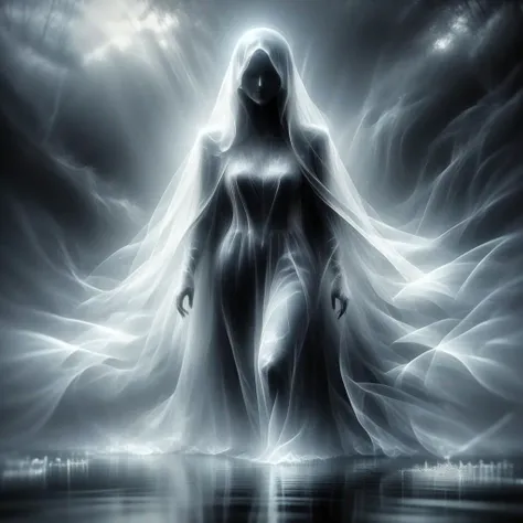 A painting of a tall and slender ghostly figure levitating over a quiet lake, dressed all in black with a long flowing veil cape covering her face. The light from behind is shining through the mist behind and casting a shadow onto water, in the style of Greg Rutkowski.