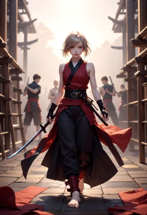 Photograph of At daybreak, a captivating ninja-punk training ground comes alive as a young Scandinavian woman, a lethal ninja, showcases her skills. Her thin toned figure, with dirty_blonde hair styled in a hime cut, frames her determined expression and brown eyes, conveying focus and discipline. Dressed in a crimson sleeveless ninja gi, black ninja trousers, and dark red leg wraps, she moves with grace and precision. She is barefoot and weilding a Katana with fingerless gloves. The training ground, an open area with bamboo dummies, weapon racks, and fellow students practicing martial arts, creates a dynamic atmosphere. As she practices with her Katana, her movements are a blend of ancient traditions and modern aesthetics as the practices the way of the sword, leaving viewers enthralled by her grace, power, and the unique worm's-eye view composition, capturing the essence of dedication and skill in this muted, desaturated scene, viewed from an atmospheric_perspective of a worms eye view. <lora:flux/perfection style v2d.safetensors:1.0>, perfection style, <lora:flux/Sinfully_Stylish_.02_for_FLUX-000002.safetensors:1.0>, <lora:scifi/ninjaPunk_v2.safetensors:1.0>, . unique worm's eye view composition. at first light. in muted desaturated tones