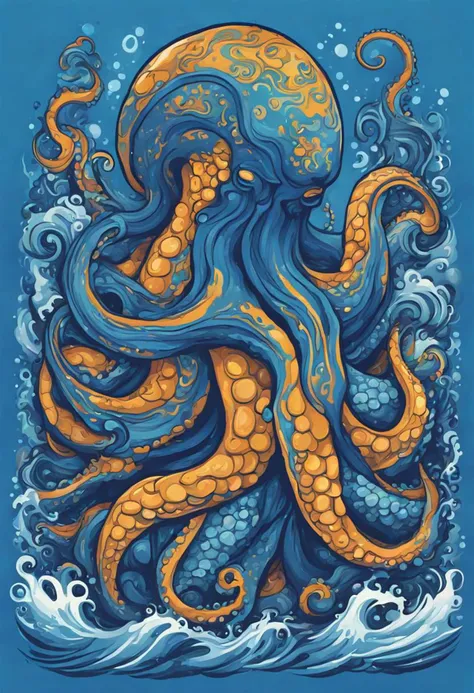 CLIPART design, painting of blue kraken, environmental art, detailed painting, outlined art, 2d game art ,printed as a t-shirt, , simple background, tshirt design