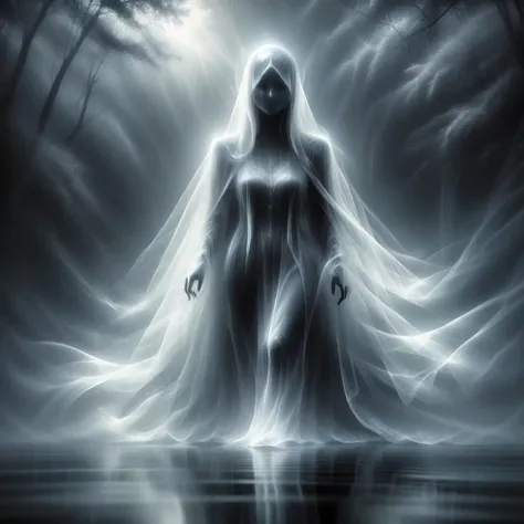 A painting of a tall and slender ghostly figure levitating over a quiet lake, dressed all in black with a long flowing veil cape covering her face. The light from behind is shining through the mist behind and casting a shadow onto water, in the style of Greg Rutkowski.