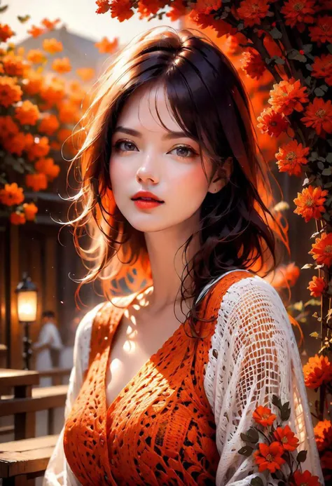 masterpiece, Best Quality, (1girl), Ultra-detailed, finely detail, hight resolution, 8K picture quality, UHD, Perfect dynamic composition, youthful woman, Beautiful detailed eyes, black lips, elegant long orange and red floral crocheted dress, loose-knit, sidecut, extra very short messy white hair, Abstract background, bashfulness, neon lights diffused in background, ((long legs)), (thigh gap), ((high heels)), ((cleavage)), (big breasts), ((full body))
