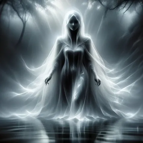 A painting of a tall and slender ghostly figure levitating over a quiet lake, raising arms,mouth open,dressed all in black with a long holed,ripped,flowing veil cape covering her face. The light from behind is shining through the mist behind and casting a shadow onto water, in the style of Greg Rutkowski.