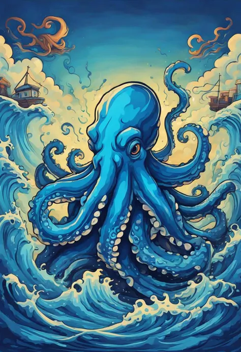 CLIPART design, painting of blue kraken, environmental art, detailed painting, outlined art, 2d game art ,printed as a t-shirt, , simple background, tshirt design