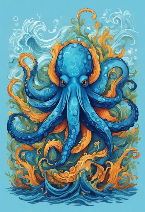 CLIPART design, painting of blue kraken, environmental art, detailed painting, outlined art, 2d game art ,printed as a t-shirt, , simple background, tshirt design