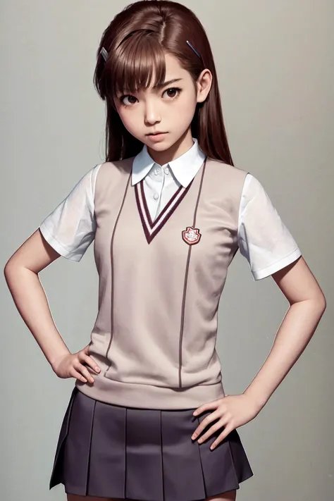 masterpiece, best quality, highres, 1girl hairclip, tokiwadai school uniform <lora:misaka_mikoto:1> photorealistic, hand on hip