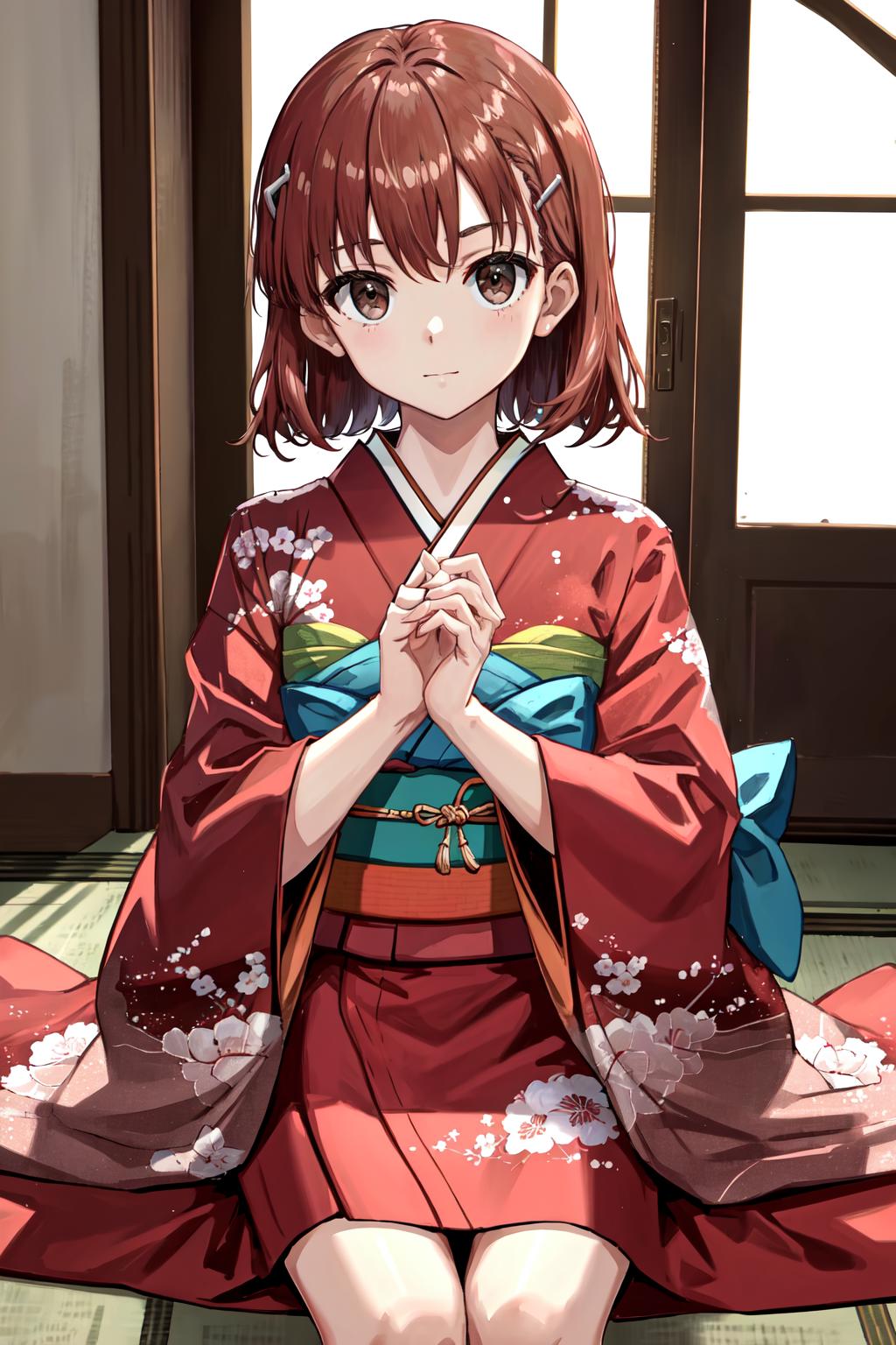 A woman in a kimono sitting on the floor with her hands folded - SeaArt AI