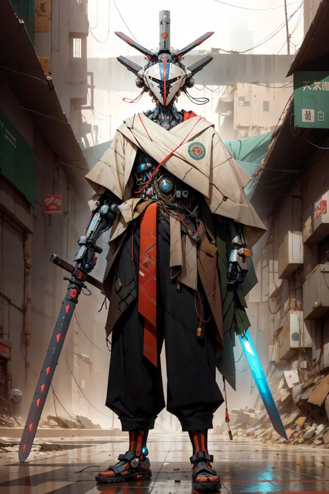 beautiful, masterpiece, best quality, perfect lighting, <lora:derpd - DerpdeedooStyleWarriors-000008:1>, derpd, faceless, mask, humanoid robot, katana, holding sword, mecha, science fiction, cyberpunk,