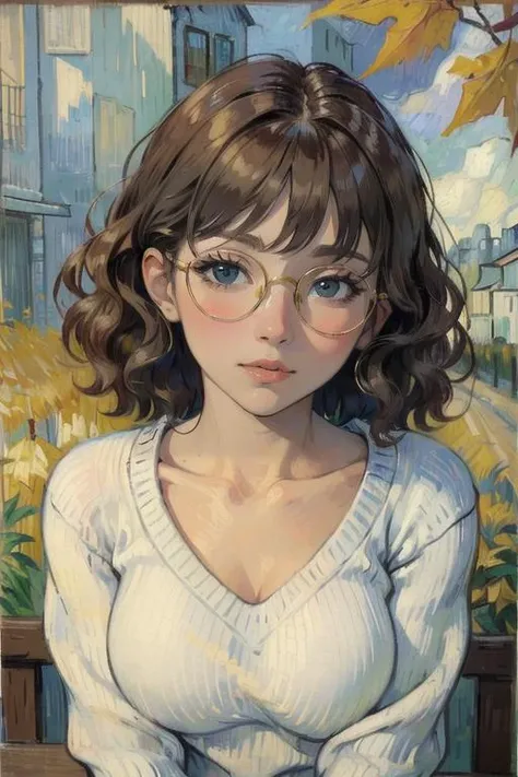 Impressionist painting masterpiece, portrait, stunningly beautiful 1girl, (cute:1.1), beautiful feminine face, medium breasts, round glasses, thick sweater, nerdy, wavy brown hair, autumn, (aroused:1.2), blushing
looking at viewer
<lora:Vincent Willem van Gogh style:1> VincentWillemvanGogh . Loose brushwork, vibrant color, light and shadow play, captures feeling over form