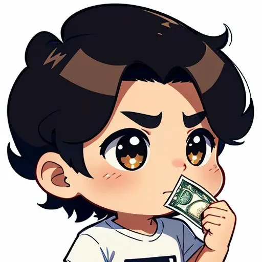 1man, short black hair ,brown skin, big sparkle near eye, money, white plain t shirt,white background, chibi , highly detailed, , hands on face , side view , thick outline <lora:EmoteMakerLora:1>