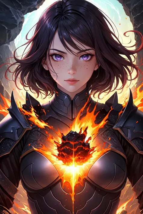 photorealistic, (hyperrealistic:1.2), beautiful, masterpiece, best quality,
1 girl, adult polish woman, freckles, purple eyes, white medium hair,
portrait, solo, upper body, detailed background, detailed face, (tribal aztec theme:1.1)    elemental fiery armored warrior, [heavy armor:molten rock:2], covered in molten rock,  flowing lava,  heat,    floating particles, rocks, lava pools in background,  (style-swirlmagic:0.8), epic fiery atmoshpere,