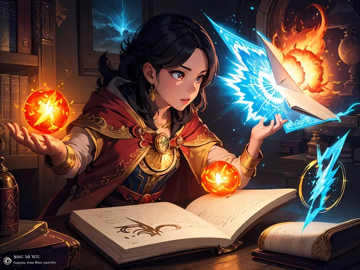 masterpiece, best quality, 8k,illustration, vibrant , magic folio, illustrating spells like fireball,lightning,elements , glowing runes on the page , fantasy, magic ,secret,epic,