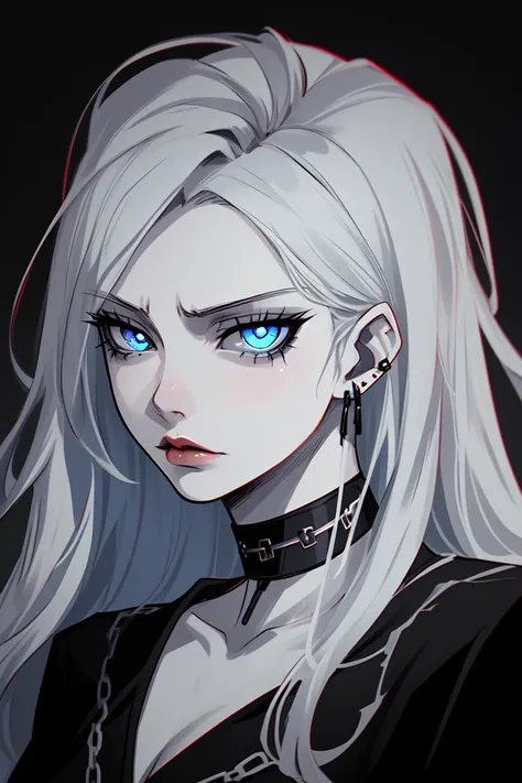 goth girl woman, pale skin, red lips,  japanese bang, high quality, blue eyes, simple background, dark background, serious look,  black clothes, choker, detailed face, detailed eyes, gray hair, eyelashes, earrings, portrait,  <hypernet:anime:0.8>,  <lora:Goth_girl_A-v1:0.8>