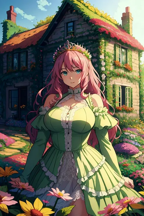 anime, beautiful, masterpiece of a curvy woman with long curly pink hair wearing a sundress outside an overgrown cottage, perfect eyes, flowers in hair, tiara, lace, plant_style, <lora:GaiaStyle:1>,