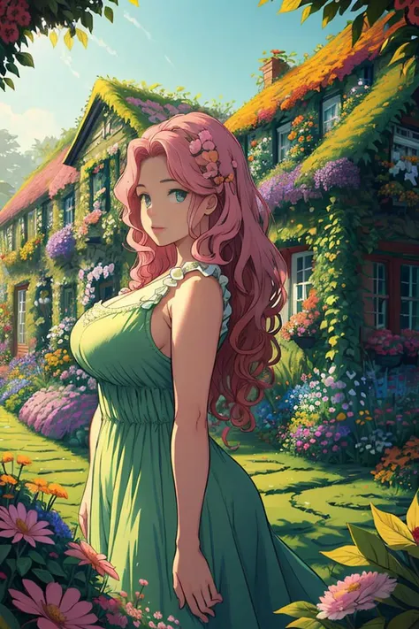 cartoon, beautiful, masterpiece of a curvy woman with long curly pink hair wearing a sundress outside an overgrown cottage, perfect eyes, flowers in hair, lace, plant_style, <lora:GaiaStyle:1>,
