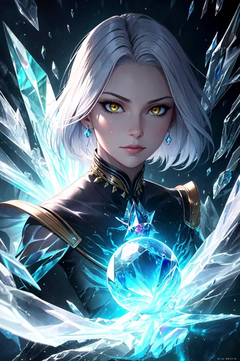 photorealistic, (hyperrealistic:1.2), beautiful, masterpiece, best quality,
1 girl, adult russian woman, amber eyes, white razor cut hair,
(style-swirlmagic:1.0), portrait, looking at viewer, solo, (full body:0.6), detailed background, close up, detailed face, (sinister dark fantasy theme:1.1), crystal sorcerer, sitting, crystal themed clothes, crystal crown, ice crystals floating in the air, glowing magical rocks, surrounded by green magical jewels, magical floating particles, crystal glass, crystal dust, crystal sphere, icy underground cave background, intense cinematic ethereal atmosphere, reflections,
