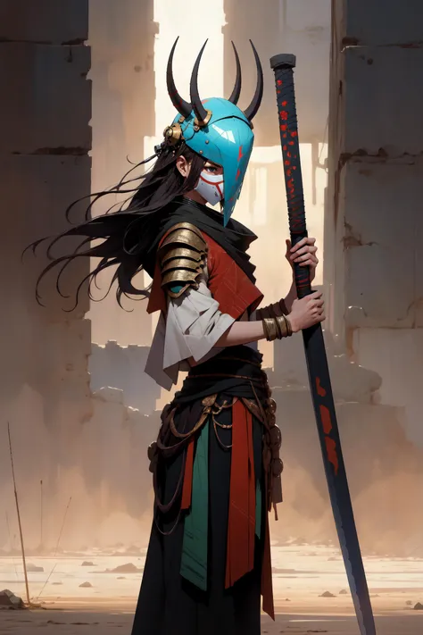 beautiful, masterpiece, best quality, perfect lighting, <lora:derpd - DerpdeedooStyleWarriors-000008:1>, derpd, faceless, mask, horns, armor, holding sword, katana,