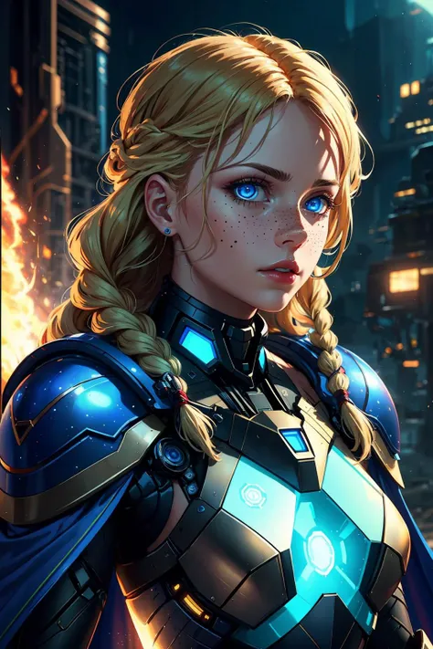 ultra high quality, ultra high res, masterpiece, realistic, (photo-realistic:1.37), best quality,
1 girl, adult russian woman, freckles, ruby eyes, light blonde braided hairstyle,
portrait, looking at viewer, solo, upper body, detailed background, close up, detailed face, futuristic glowing digital cobalt armor, thick armor, rectangular pattern, cape, batteries, advanced technology, robotics, (open helmet:0.6), epic space station in background, sparks, cinematic atmosphere,
<hypernet:sxzBloom_sxzBloom:0.2>
