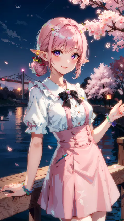 1girl, elf, purple neon eyes, pastel pink hair, jirai fashion, smiles at the viewer, (night:1.6), cherry blossom park, cherry blossom tree, cherry blossom, river, bridge,  <lora:jirai_v2:0.8>