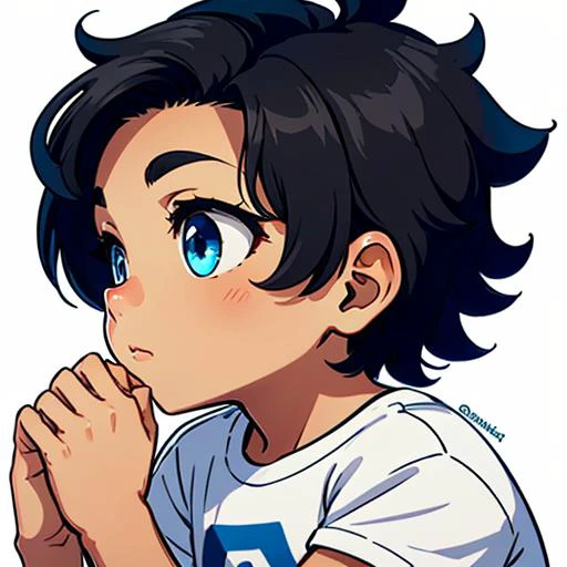 1man, (blueeyes) , white t shirt,white background, chibi , highly detailed, , hands on face , side view , thick outline <lora:EmoteMakerLora:1>
