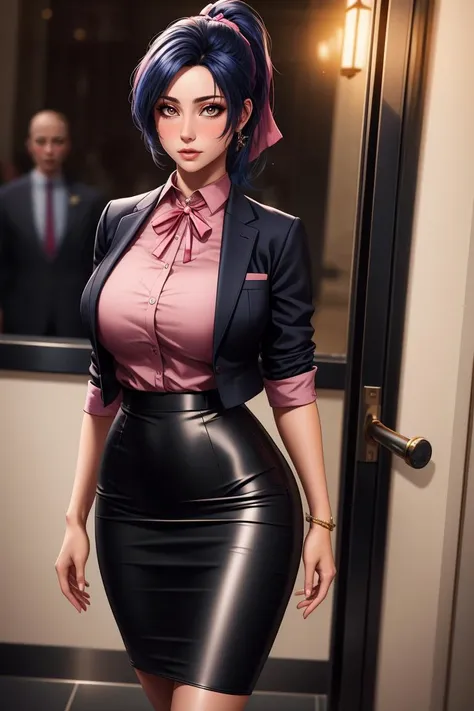 Girl hair cut Bob pink jojo pose jacket open mini skirt snikkers Black