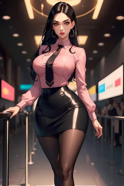 full body photo of a woman p4r1sdy standing at attention ((wearing business outfit,tie,necktie,pinkshirt,High waist skirt,pantyhose,high heels)(black hair)big breasts,hourglass body,thin waist, hoop earrings,clear lip gloss, (dark eyeshadow makeup)(high detailed skin:1.2)(beautiful detailed eyes,pretty eyes)(realistic pupils,realistic iris:1), 8k uhd, soft lighting, high quality, film grain, Fujifilm XT3 <lora:beautifulDetailedEyes_v10:.3>