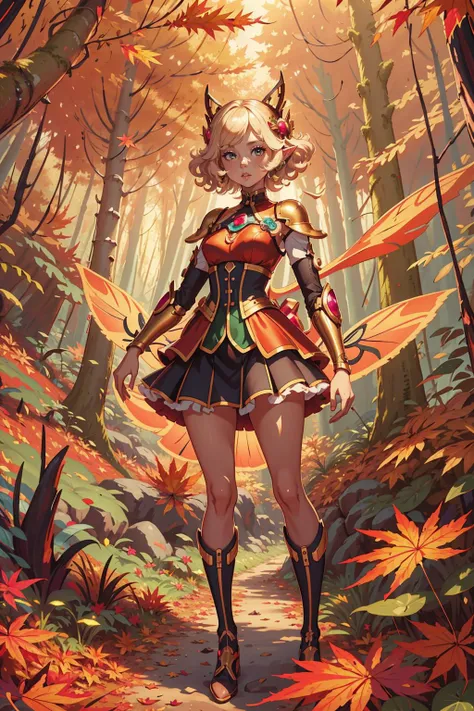 elf, (masterpiece), (best_quality), (ultra-detailed), (illustration), (welcoming), 1girl, (ruby defender android:1.3), (in an  autumn forest:1.3), full body, beige hair, curly hair,hair rings, , pose, [:intricate, outlandish costume design:0.2], legwarmers, small breasts, narrow waist, thicc slim hourglass figure,, ((short skirt:1):1.2), japanese, official art, vivid color, finely detailed, hyper detailed, 8k, high resolution illustration, absurdres, intricate detail <lora:EnvyBeautyMix01:1>