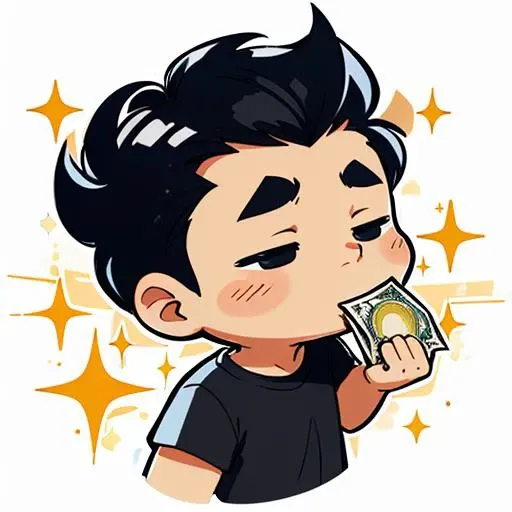 1man, short black hair ,tan brown skin, big sparkle near eye, throwing money, white plain t shirt,white background, chibi , highly detailed, , hands on face , side view , thick outline <lora:EmoteMakerLora:1>