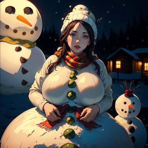 photorealistic, (hyperrealistic:1.2), beautiful, masterpiece, best quality, extremely detailed face, perfect lighting, full body, (wide hips:1.2), (large breasts:1.2), snowman, (snowman girl:1.4),