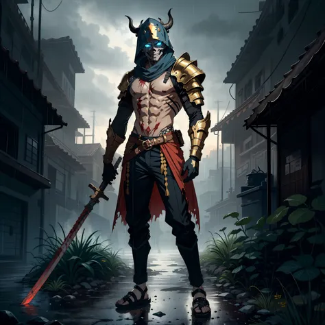 photorealistic, (hyperrealistic:1.2), beautiful, masterpiece, best quality, extremely detailed face, perfect lighting, full body, WarriorStyle,      weapon, holding, sword, 1boy, solo, male focus, rain, holding weapon, skull, tattoo, helmet, holding sword, armor, outdoors, horns, standing, blood, torn clothes, arm tattoo, grey sky, gloves, planted, muscular, shoulder armor, pants, sandals, blood on weapon, full body