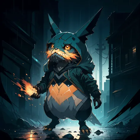 photorealistic, (hyperrealistic:1.2), beautiful, masterpiece, best quality, extremely detailed face, perfect lighting, full body, WarriorStyle,       pokemon (creature), rain, pikachu, no humans, solo, electricity, outdoors, standing, night, full body, building, looking at viewer, closed mouth, black eyes