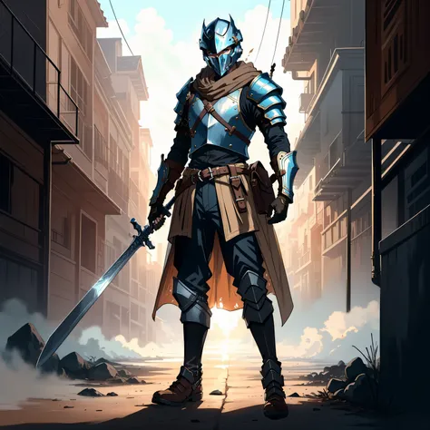 photorealistic, (hyperrealistic:1.2), beautiful, masterpiece, best quality, extremely detailed face, perfect lighting, full body, WarriorStyle, weapon, sword, solo, helmet, holding, armor, 1other, brown gloves, holding weapon, holding sword, shield, standing, gloves, belt, tabard, full body, boots, brown footwear, pouch, shoulder armor, brown belt, breastplate, knight, pauldrons