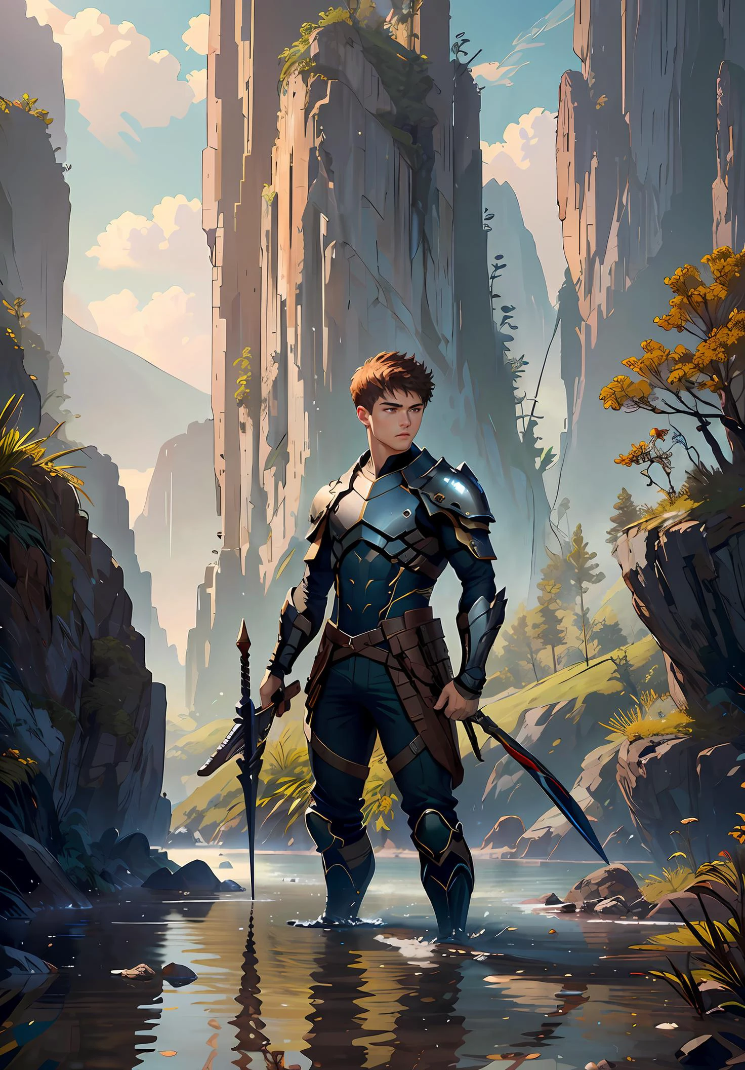 photorealistic, (hyperrealistic:1.2), beautiful, masterpiece, best quality, extremely detailed face, perfect lighting, WarriorStyle, full body, (holding weapon:1.4), 1boy, male focus,facing viewer, forest, nature, outdoors standing, holding weapon,(short brown hair), boots, solo, pants, water, , armor, sword, scenery, facing away,athletic,detailed hands and fingers,