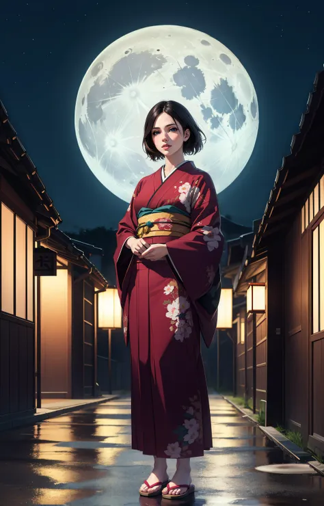 photorealistic, (hyperrealistic:1.2), beautiful, masterpiece, best quality, extremely detailed face, perfect lighting, full body, full moon, night, dark, outdoors, nature, scenery, tokyo, japanese clothes,