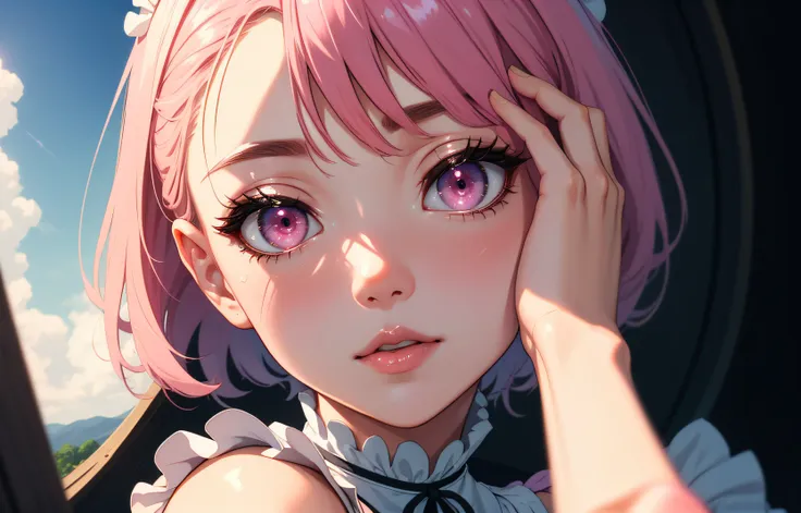 1girl, ultra high quality, ultra high res, masterpiece, realistic, photo-realistic:1.37, best quality, detailed eye makeup, detail face, nice detailed eyes, heavy eye makeup, cleavage, pink hair, maid headdress, maid, pink eyes, white_legwear, (detached_sleeves:1.2), portrait, maid apron, Kpop idol, (aegyo sal:1), natural light, light on face, cinematic lighting, full body, closeup, nsfw, small breast, ram \(re:zero\), ram \(re:zero\), (light pink short hair), detailed hands and fingers, nature, scenery, fisheye lense, <lora:beautifulDetailedEyes_v10:0.4>