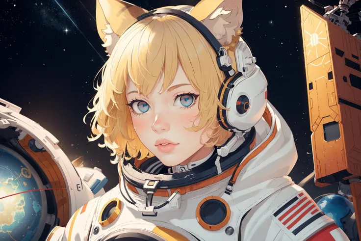 masterpiece, best quality,high quality,1girl, animal ears, cat, cat ears, blue eyes, blonde hair, animal, looking at viewer, spacesuit, science fiction, collar, short hair, solo, realistic, lips,spacecraft,  <lora:[LoRa] Uekura eku上倉エク Style:1>