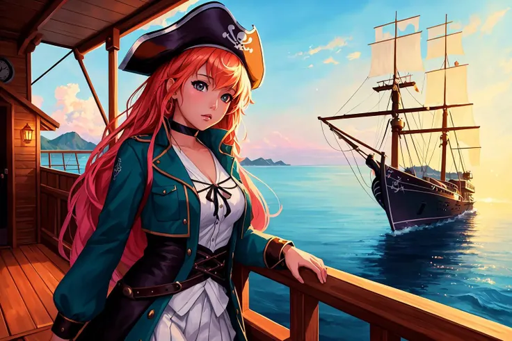 ((best quality)), ((masterpiece)), ((realistic)), A girl dressed in a pirate costume standing on the deck of a (modern oceanic yacht:1.1) in a cartoonish or anime style reminiscent of Hayao Miyazaki's artwork. The scene should capture the charm and enchantment of Miyazaki's distinctive style, with vibrant and dynamic lighting highlighting the girl's presence. The use of digital painting techniques should bring out the richness of colors and textures, while the attention to detail should transport viewers into a world of adventure and imagination. The artwork should be on eye level, scenic, and a masterpiece