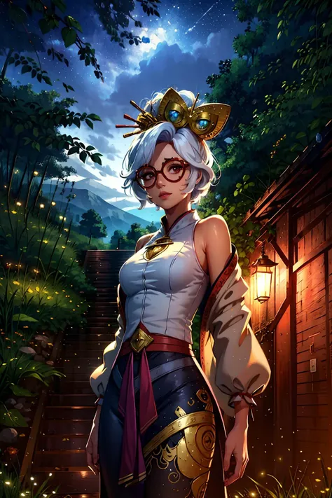 (masterpiece, best quality:1.3), reflections, extremely detailed, extremely detailed CG unity 8k wallpaper, cinematic lighting, detailed background, purah, red glasses, hair ornament, white jacket, sleeveless shirt, black skirt, orange leggings, smile, night, moon, village, forest, mountains, upper body, detalied eyes, starry, stars, cloud, colorful, strry light,star \(sky\) <lora:purah-nvwls-v2:0.8> <lora:JW:0.5> <lora:LAS:0.5>