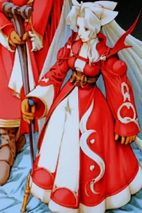 final fantasy character concept <lora:finfan:0.7> finfan, anime girl cleric in red and white robe, holding a shepherds staff, high quality, crisp lines, fine detail