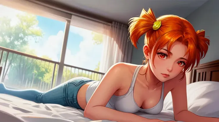 a vivid illustration,straight-on, extreme foreshortening, 
of girl lying on the bed, 1girl,(solo:2.0), downblouse, on stomach, solo_focus,
orange_hair, short twintails, red_eyes
<lora:AliceLoraV2:0.8>