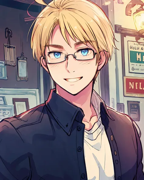 masterpiece, best quality, extremely detailed CG 8k wallpaper, {1boy}, {detailed face, handsome, blonde hair, blue eyes, one ahoge, smile, glasses, shirt},  <lyco:himaruyahidekaz:0.7> , america \(hetalia\), masterpiece, best quality,