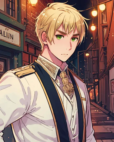 masterpiece, best quality, extremely detailed CG 8k wallpaper, {1boy}, {detailed face, handsome, blonde hair, green eyes, thick eyebrows, bangs},  <lyco:himaruyahidekaz:0.7> , united kingdom \(hetalia\), masterpiece, best quality,