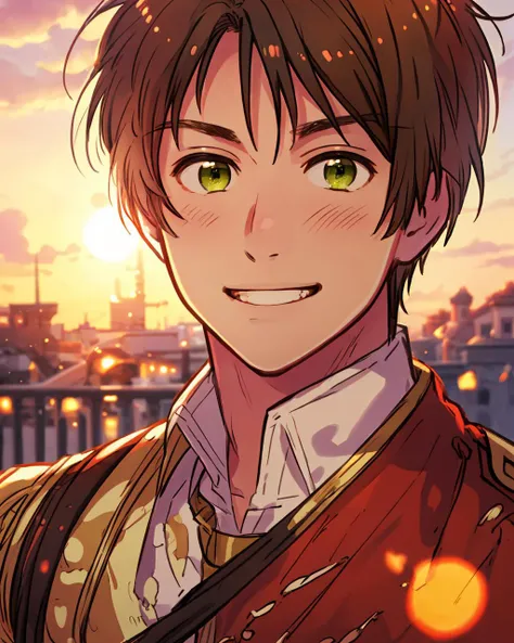 masterpiece, best quality, extremely detailed CG 8k wallpaper, {1boy}, {detailed face, handsome, brown hair, green eyes, tanned, smile, sunshine}, <lyco:himaruyahidekaz:0.7> , {spain \(hetalia\)}, (messy tousled:1.2), masterpiece, best quality,