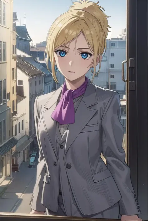 wolfsraincher, <lora:wolfsrain cher-lora-nochekaiser:1>,
cher, short hair, blue eyes, blonde hair, ponytail,
BREAK earrings, ascot, formal, suit, lipstick, makeup, jacket, (grey jacket:1.5),
BREAK outdoors,
BREAK looking at viewer, (cowboy shot:1.5),
BREAK <lyco:GoodHands-beta2:1>, (masterpiece:1.2), best quality, high resolution, unity 8k wallpaper, (illustration:0.8), (beautiful detailed eyes:1.6), extremely detailed face, perfect lighting, extremely detailed CG, (perfect hands, perfect anatomy),