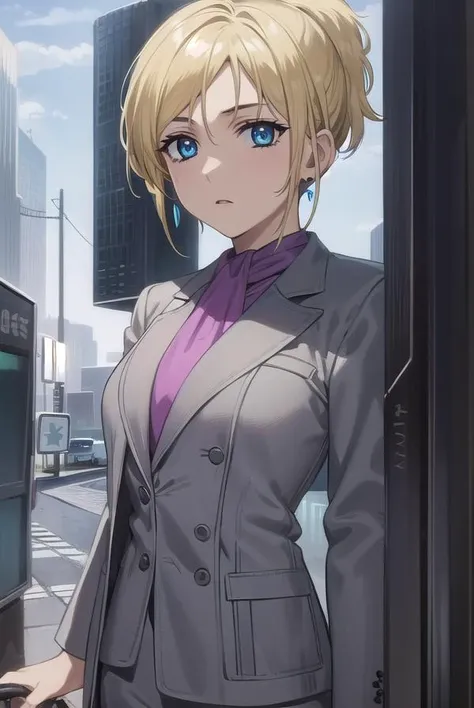 wolfsraincher, <lora:wolfsrain cher-lora-nochekaiser:1>,
cher, short hair, blue eyes, blonde hair, ponytail,
BREAK earrings, ascot, formal, suit, lipstick, makeup, jacket, (grey jacket:1.5),
BREAK outdoors,
BREAK looking at viewer, (cowboy shot:1.5),
BREAK <lyco:GoodHands-beta2:1>, (masterpiece:1.2), best quality, high resolution, unity 8k wallpaper, (illustration:0.8), (beautiful detailed eyes:1.6), extremely detailed face, perfect lighting, extremely detailed CG, (perfect hands, perfect anatomy),